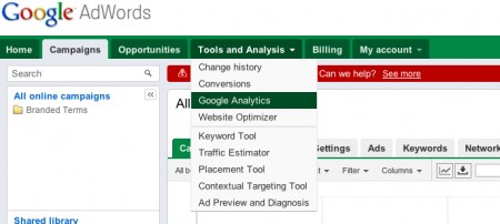 AdWords Tools and Analysis tab