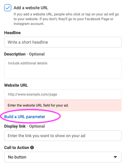 Facebook ad setup for URL parameter