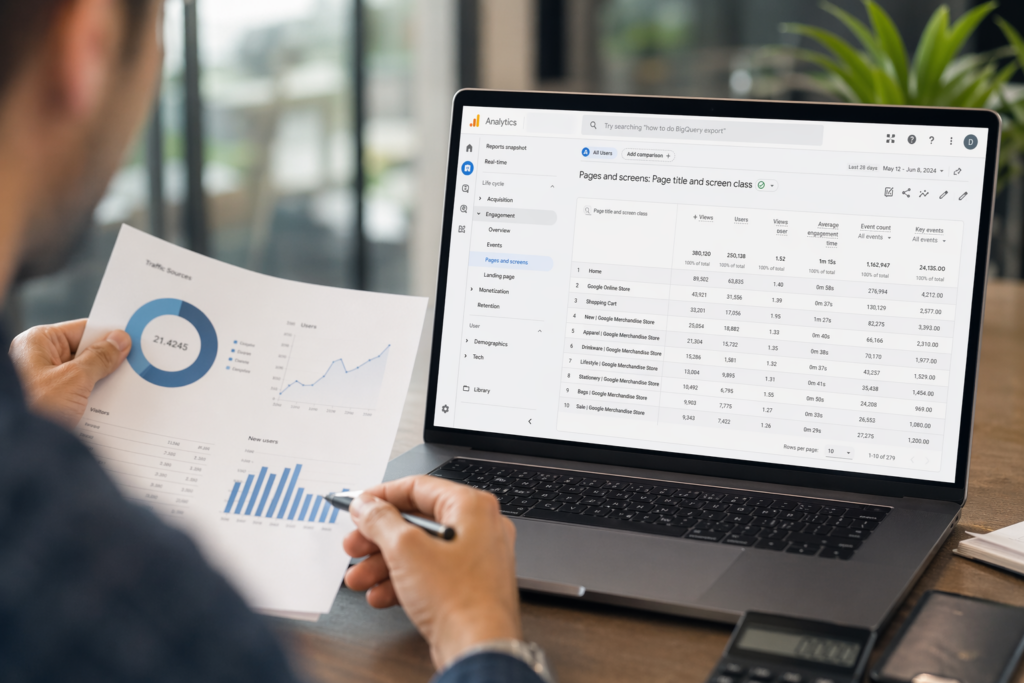 GA4 Pages and Screens report showing views, engagement time, and key events by page.